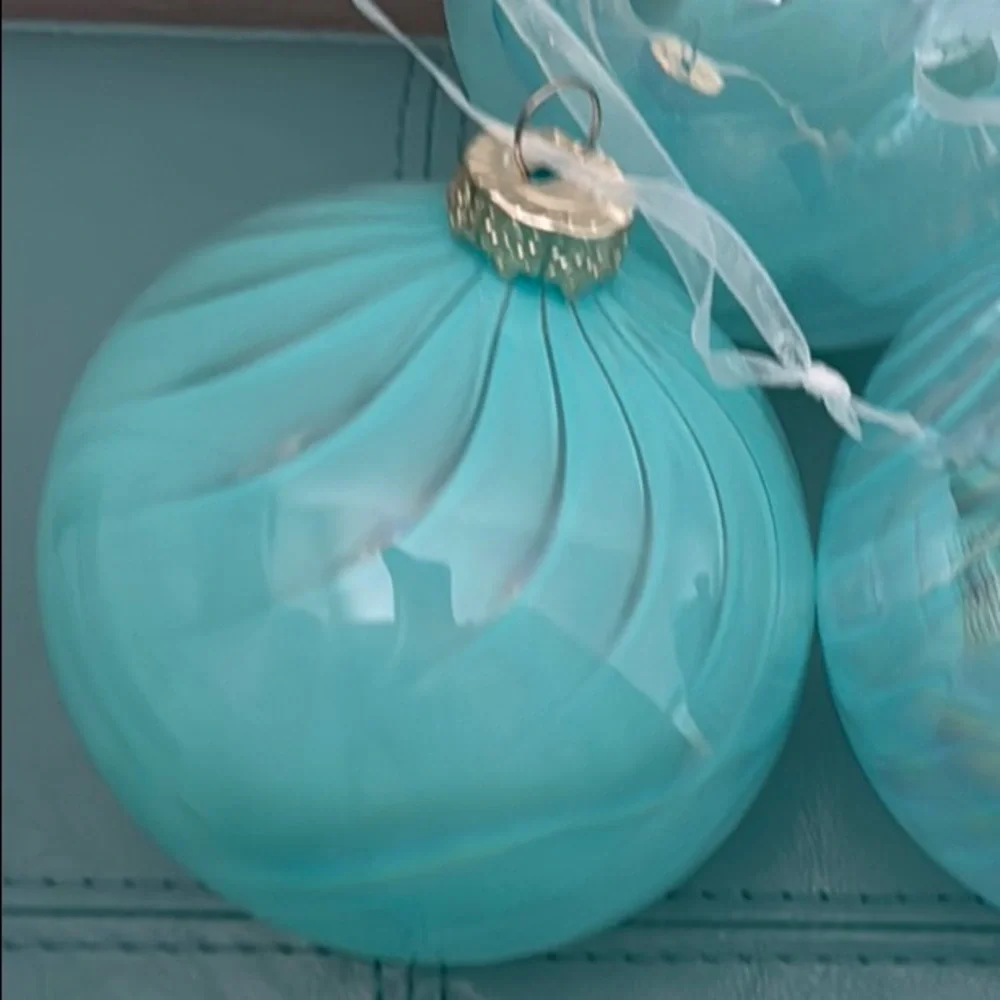 3 Large Iridescent Aqua Glass Holiday Ornaments